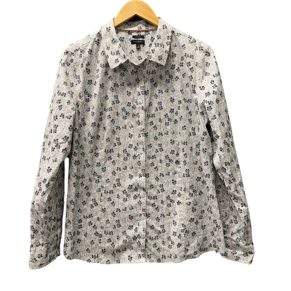 Talbots Button Up Blouse Ditsy Floral Gray Black Cream Non Iron Womens 16 Shirt